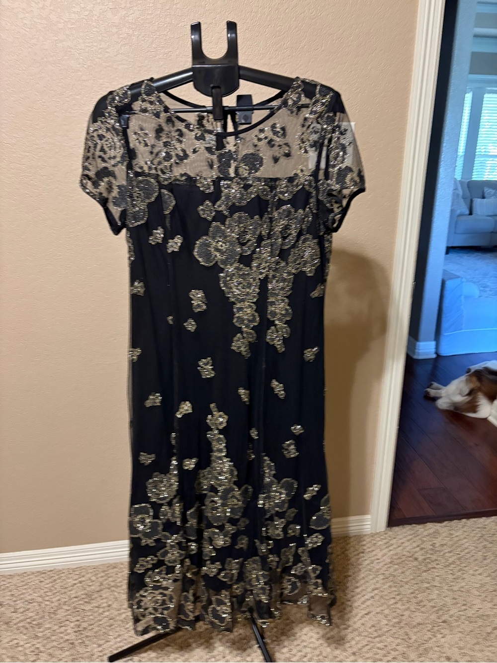 Black Midi Dress with Gold Floral Embroidery